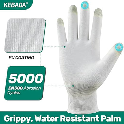 Kebada W1 Work Gloves for Men and Women, PU Coated Safety Gloves with Grip, Touchscreen, Ideal for Warehouse Package Handling, Construction, Gardening, White Small