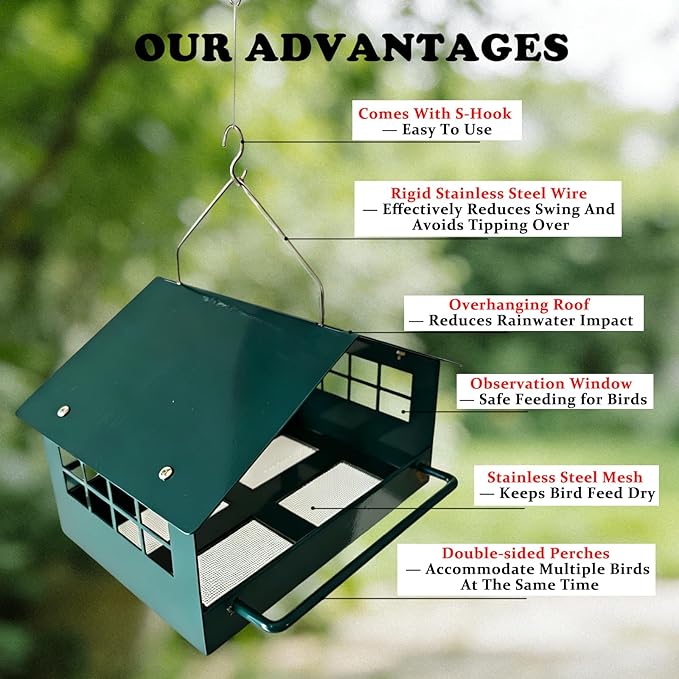 All-Metal Platform Bird Feeder for Outdoors, Dark Green Rustproof Hanging Bird Feeder with Double-Sided Long Perches, Weatherproof Wild Bird Feeder for Small Birds, Compact Garden Decor
