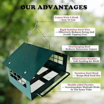 All-Metal Platform Bird Feeder for Outdoors, Dark Green Rustproof Hanging Bird Feeder with Double-Sided Long Perches, Weatherproof Wild Bird Feeder for Small Birds, Compact Garden Decor