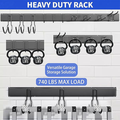 Shed Tool Organizer Wall Mount, 64inch Heavy Duty Garden Tool organizer Storage System, Easy Install With 10 Adjustable Hooks, For Garage, Basement, Shed, Workshop(Black)