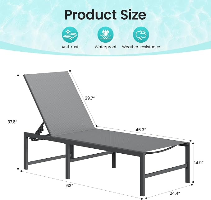 Amopatio Outdoor Lounge Chairs Poolside Chaise Lounge for Patio | Weather Resistant Rust Free Frame Breathable Textilene 5-Position Adjustable Backrest 400 LBS Capacity