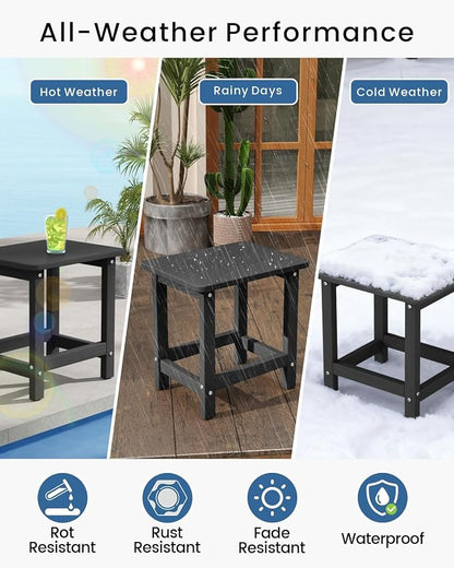 Set of 2 HDPE Outdoor Side Table, Weatherproof Small Outdoor Table for Adirondack, 16.6-Inch Patio Square End Tables for Garden, Backyard, Porch, Deck, Balcony, Poolside (Black)