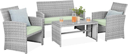 Best Choice Products 4-Piece Outdoor Wicker Patio Conversation Furniture Set for Backyard w/Coffee Table, Seat Cushions - Gray/Light Mint