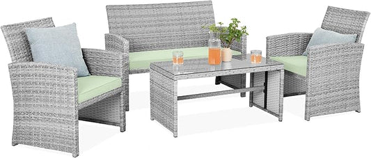 Best Choice Products 4-Piece Outdoor Wicker Patio Conversation Furniture Set for Backyard w/Coffee Table, Seat Cushions - Gray/Light Mint