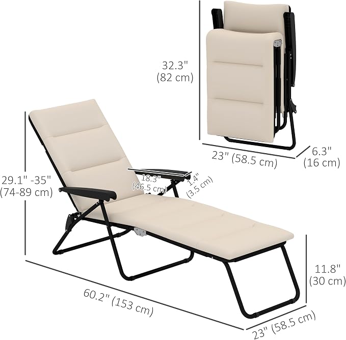 Outsunny Folding Lounge Chair, Reclining Tanning Chair, Sun Lounger with 6-Position Adjustable Back, Padded Cushion for Patio, Garden, Beach, Pool, Beige