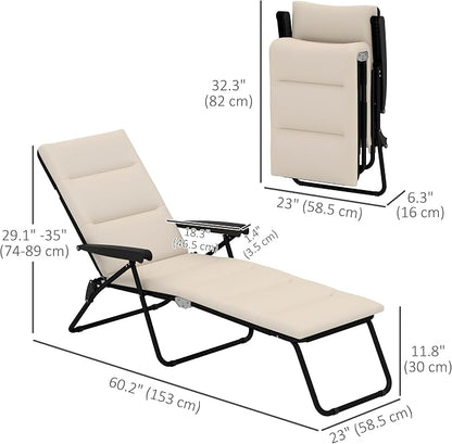 Outsunny Folding Lounge Chair, Reclining Tanning Chair, Sun Lounger with 6-Position Adjustable Back, Padded Cushion for Patio, Garden, Beach, Pool, Beige