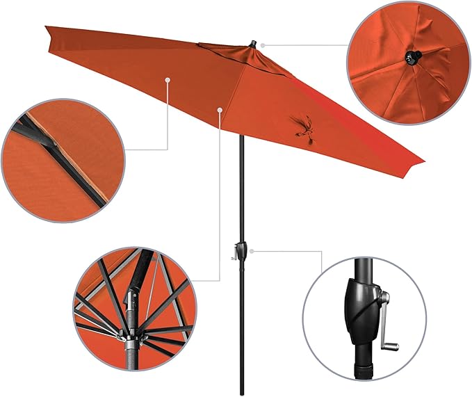 California Umbrella 9' Rd Aluminum Patio Umbrella, Crank Lift, Auto Tilt, Black Finish, Sunbrella Melon
