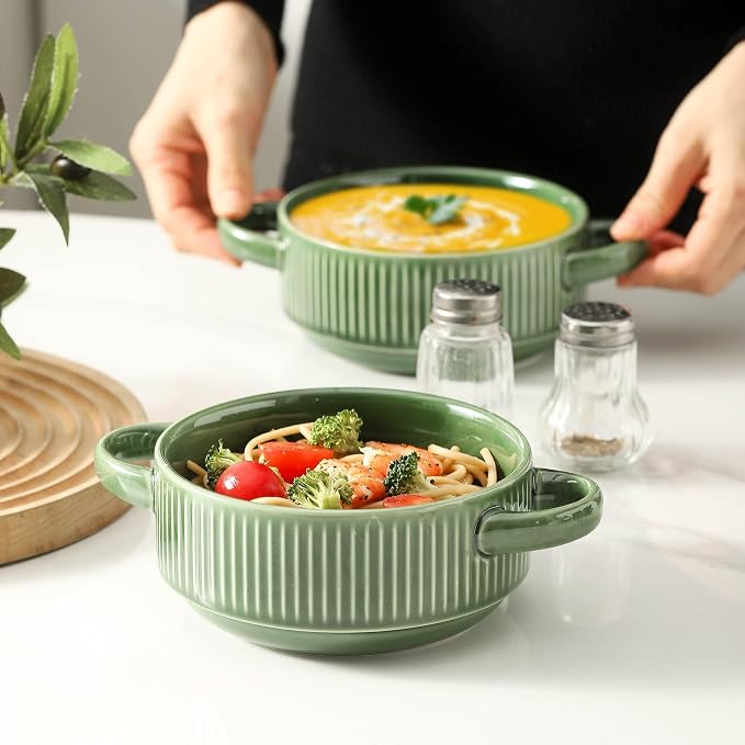 Soup Bowls with Handles, 23 oz French Onion Soup Crocks, Stackable Soup Bowl Oven Safe for Chili, Beef Stew, Embossment Ceramic Bowl Set - 5.4 Inch, Set of 4 (Green)