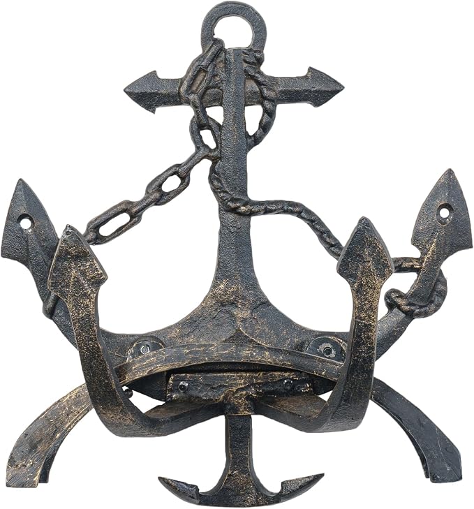 MyGift Brown Heavy Duty Cast Iron Outdoor Garden Hose Hanger Wall Mounted Water Hose Holder Reel with Vintage Scrollwork Design (Ship Anchor)