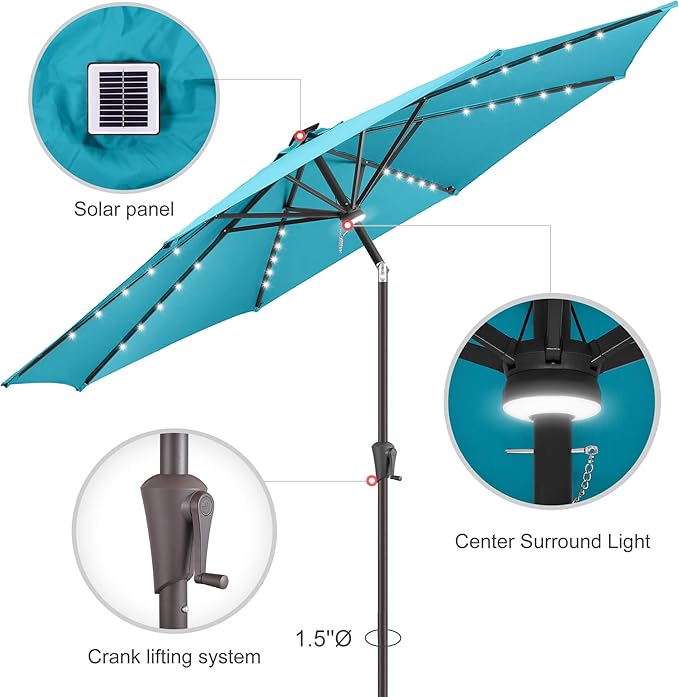10ft Solar Umbrella Outdoor - Lighted Patio Umbrella with 40 LED Lights Waterprool Uv Protection, Table Umbrella with Tilt & Crank for Pool, Porch, Garden, Deck, Backyard(Sky Blue)