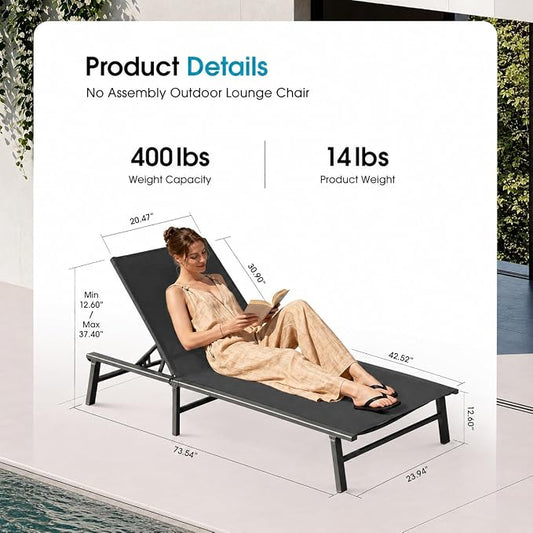 Ciokea Foldable Outdoor Lounge Chair Set of 2, No Assembly Aluminum Chaise Lounge Outdoor with 5 Adjustable Positions, Pool Lounge Chairs with Portable Design for Pool, Beach, Deck, Patio, Black