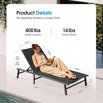 Ciokea Foldable Outdoor Lounge Chair, No Assembly Patio Chaise Lounge Outdoor with 5-Positions, Aluminum Pool Lounge Chair with Portable Design for Pool, Beach, Deck, Backyard, Black