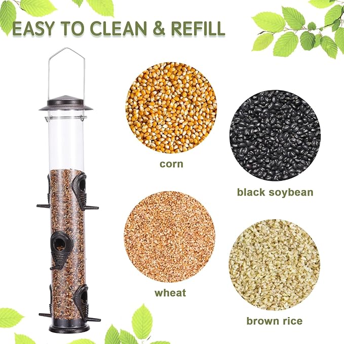 MIXXIDEA 1PK Metal Wild Bird Feeder,Squirrel Proof Bird Feeders for Outside,Hanging 6 Port Tube Bird Feeder Transparent Finch Bird Feeder for Attracting Birds in Your Lawn, Garden, Balcony – Coffee