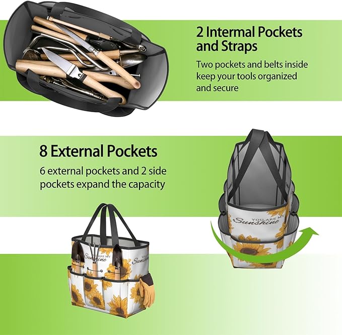 Sunflower Garden Tool Bag - Waterproof Garden Tote with 8 Pockets, Large Storage Home Organizer Gardening Tool Oxford Bag for Garden Tools Kits Holder, Ideal Outdoor Gardening Gift for Women & Men