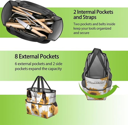Sunflower Garden Tool Bag - Waterproof Garden Tote with 8 Pockets, Large Storage Home Organizer Gardening Tool Oxford Bag for Garden Tools Kits Holder, Ideal Outdoor Gardening Gift for Women & Men