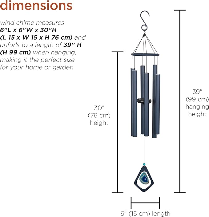Alpine Corporation 39" Aluminum Tuned Wind Chimes with Blue Gemstone Windcatcher, Blue