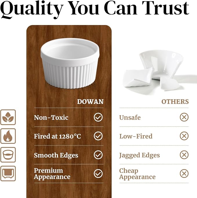 DOWAN Ramekins 6 oz Ceramic Ramekins Set of 6, Oven Safe Souffle Dishes for Air Fryer Baking, Mini Round Baking Cups for Creme Brulee, Dipping Sauces, Desserts and Prep Bowls, White