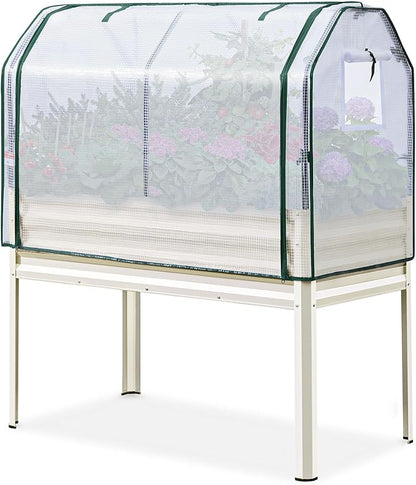 King Bird Large Raised Garden Bed with Cover Galvanized Elevated Planter Box with Legs 48×24×56 in for Backyard, Patio, Balcony, 700lb Capacity, Beige