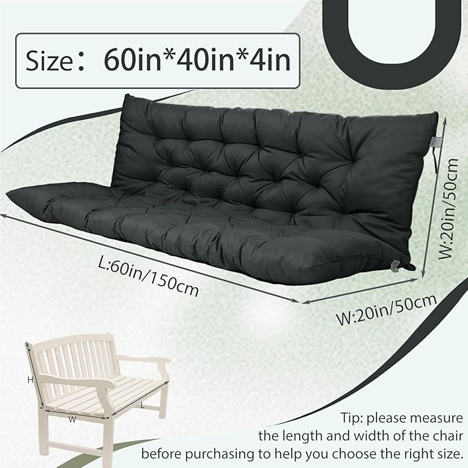 2/3 Seater Swing Replacement Cushion, Waterproof Porch Swing Cushions with Backrest, Thickened Bench Cushions for Outdoor Furniture, for Outdoor Patio Swing (Dark Grey, 60 * 40 in)