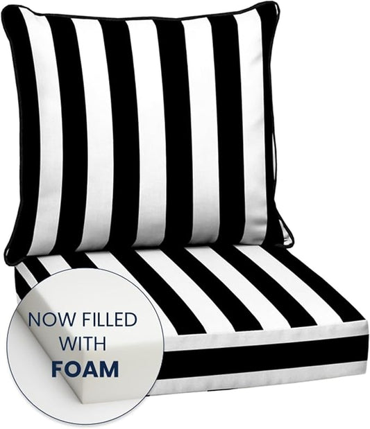 Arden Outdoor Foam Deep Seat Cushion Set, 24 in x 24 in, Weather-Proof, Rain-Proof, Fade Resistant Patio Cushion, Bottom and Back Cushion for Chair, Sofa, and Couch Black Cabana Stripe