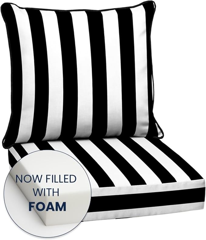 Arden Outdoor Foam Deep Seat Cushion Set (4-Pack), 24x24, Premium High-Density Foam, Never Flattens, Weather-Proof for Patio Chair Sofa Couch, Black Cabana Stripe