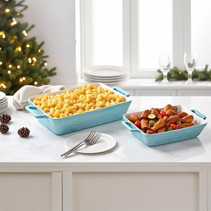 Hacaroa Set of 3 Ceramic Baking Dishes, Rectangular Bakeware with Handles, Elegant Casserole Dish Set Lasagna Pan for Baking, Cooking, Cake Dinner, Banquet, Lake Blue, 3 Sizes