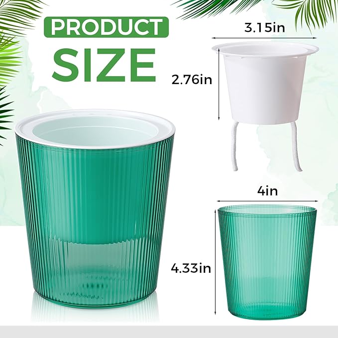 6 Pack Self Watering Pots for Indoor Plants Plastic Vertical Ribbed Semi Transparent Planters, Dual Layer Reservoir for Indoor Succulents Herbs Pothos(Green, White,4 x 4.3 Inch)