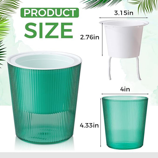 6 Pack Self Watering Pots for Indoor Plants Plastic Vertical Ribbed Semi Transparent Planters, Dual Layer Reservoir for Indoor Succulents Herbs Pothos(Green, White,4 x 4.3 Inch)