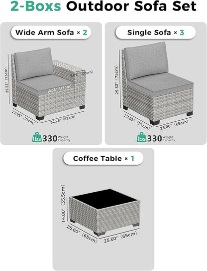 6 Piece Outdoor Wicker Rattan Sectional Sofa Set, 5-Seats Patio Furniture Conversation Set with 4" Thickened Cushions & Coffee Table, All-Weather PE Rattan for Garden, Backyard, Porch, Grey