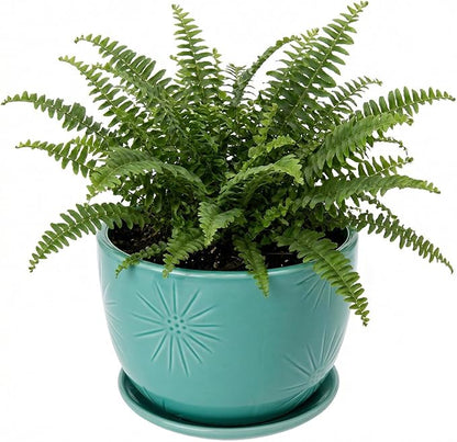 MyGift 7 Inch Round Turquoise Ceramic Plant Pot with Drainage Hole and Attached Saucer, Modern Decorative Embossed Sunburst Planter Container for Indoor Home Garden