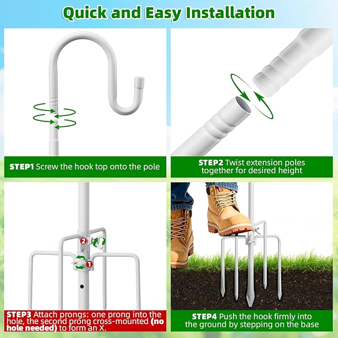 62" White Shepherds Hooks for Outdoor, Bird Feeder Pole with 5 Prong Base, Adjustable Height Shepherds Hook for Hummingbird Feeder, Bird Feeder, Lightweight Plant, Wind Chimes, Lanterns (1 Pack)