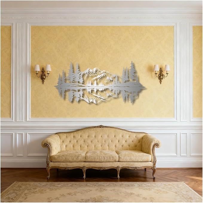 Mountain View Metal Wall Art,Nature Landscape Home Decor with Reflection,Black Iron Sculpture for Bedroom Garden Living Room Outdoor Office(Gold,41 x19 in/105x49 cm)