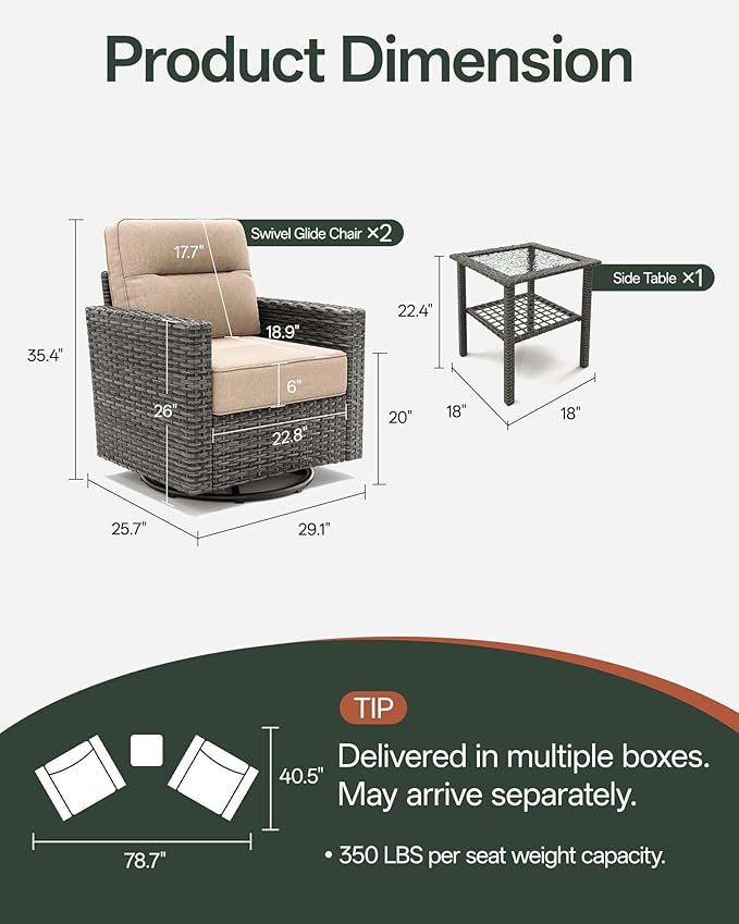 Luxury 3-Piece Patio Furniture Set with 6-Inch Thick Cushions, Outdoor Swivel Rocker Chairs and Table, Wicker Conversation Set for Porch, Deck, Balcony, Yard in Beige