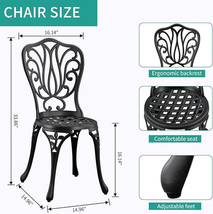 3-Piece Outdoor Bistro Set Cast Aluminum Patio bar Set with Umbrella Hole, Balcony, Backyard(Black, Butterfly)