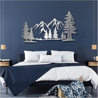 Metal Mountain Wall Art, Large Size Mountain Wall Decor, Tree Art Wall Hangings For Living Room, Bedroom, Outdoor(Blue,41x23 in/105x58cm)