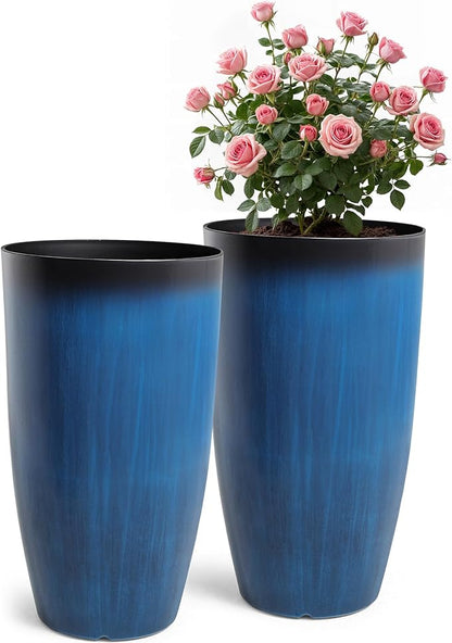 23.75" Round Tall Planters, 2-Pack Large Flower Pots for Indoor Outdoor Plants, UV-Protect PP Container for Garden Patio Yard Balcony Porch or Home Decor, Artistic Floating Cobalt Blue Glaze