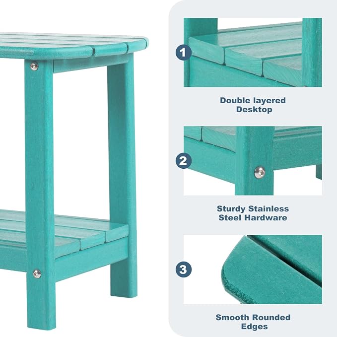 Adirondack Outdoor Side Table, 16.5” HDPE Small Patio Table with Storage Shelf, Weather Resistant End Table for Porch, Pool & Yard (Aruba)