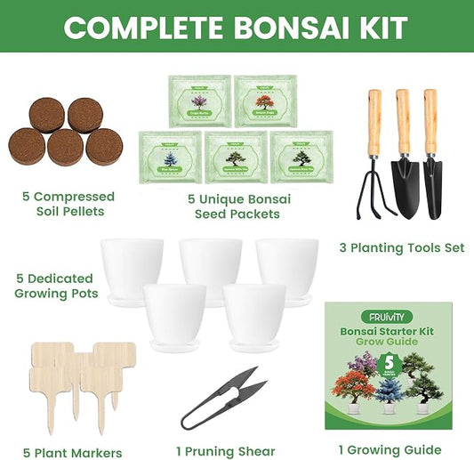Bonsai Tree Kit for Beginners – 5 Bonsai Starter Kit for Beginner, Indoor for Growing Bonsai Plants with Tools & Planters – DIY Craft Gardening Gifts, White Elephant Gifts for Adults Men Women