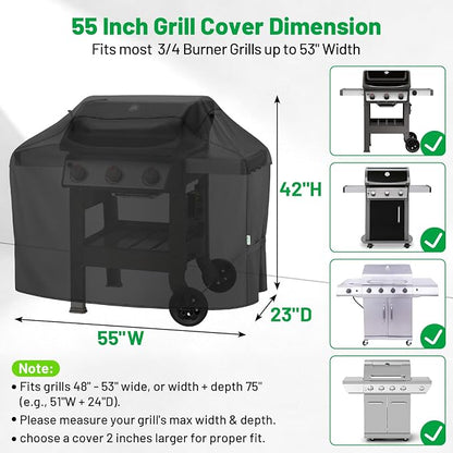 Grill Cover 55 Inch, Heavy Duty Waterproof BBQ Grill Cover for Outdoor Grill, 3-4 Burner Gas Barbecue Grill Cover for Weber, Char-Broil, Nexgrill, Windproof Protection, Black