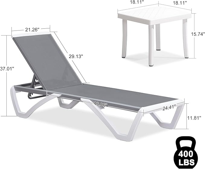 PURPLE LEAF Patio Chaise Lounge Chair Set of 3 Outside Aluminum Plastic Stackable Tanning Chairs for Pool Sunbathing Beach Deck Outdoor Lounger, Grey