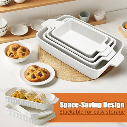 Casserole Dishes for Oven, Baking Dish for Oven, Ceramic Baking Dishes Set for 4, Rectangular Baking Pan with Handle for Baking, Cooking-Oven Safe, White (9.5"/11.2"/12.2"/14.5")