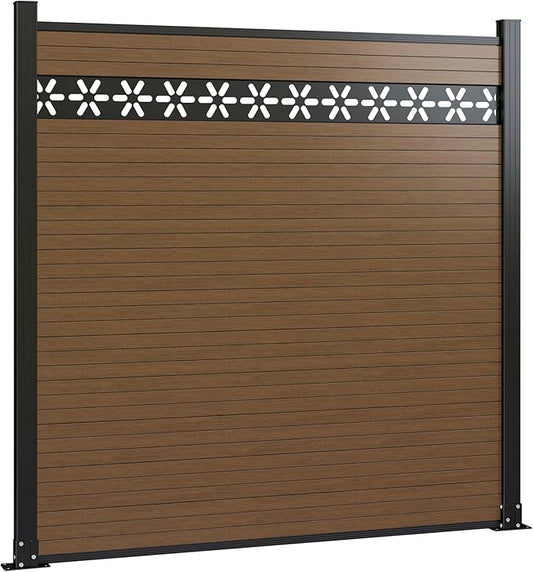 6 Feet×6 Feet Privacy Fence, Outdoor Wood Plastic Composite Fence Panel, Waterproof Security Barriers Fencing, WPC (Brown, Floral (1 Panel - 2 Post))