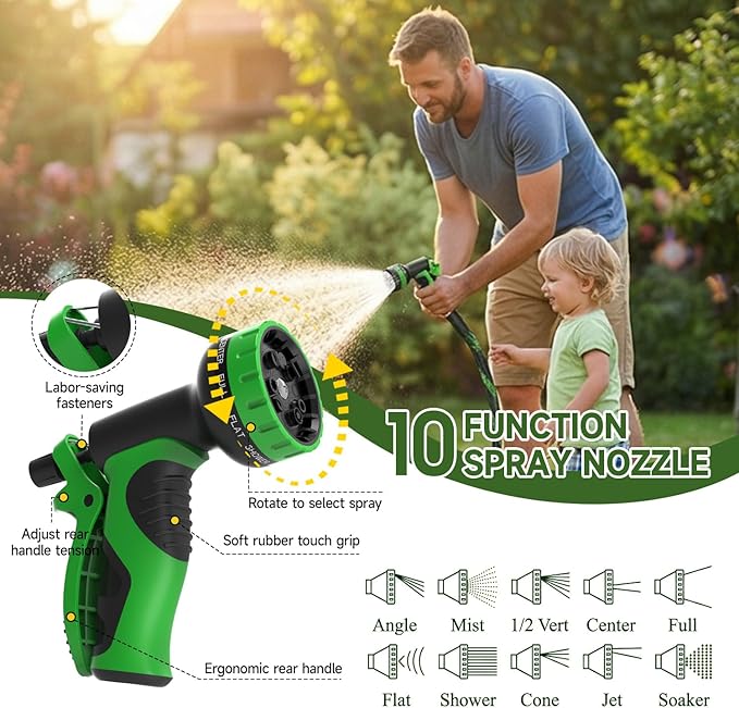 Non-Expandable Garden Hose 25 FT, Heavy-Duty & Flexible Water Hose with 10-Function Nozzle, Kink-Free & Leak-Proof Design, Ultra Lightweight Portable Yard Hose for Lawn, Car, Outdoor Use
