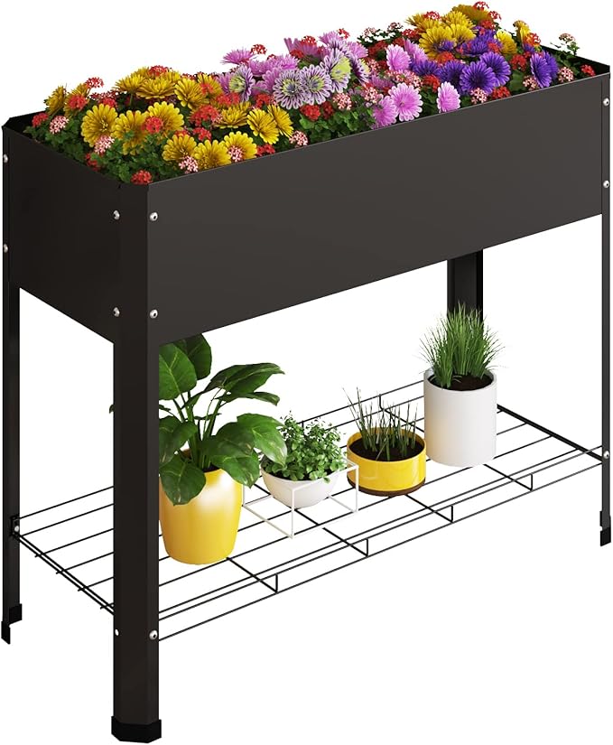 Raised Garden Bed with Detachable Legs Elevated Metal Planter Box for Growing Fresh Herbs Vegetables Flowers Succulents&Other Plants for Outdoor Backyard Patio Deck Balcony Black L