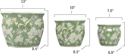 Galt International Green & White Round Fluted Floral Porcelain Ceramic Plant Flower Planter Pot Set of 3 (7.5", 10", 13") Garden Pots Chinese Asian Design
