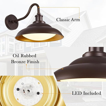 Outdoor LED Barn Lights, 16 Inch Dome Large Farmhous Exterior Wall Lights Fixture with Adjustable Color Temperature, Modern Bronze Gold Wall Sconces Outside for House Garage Doorway, 2Pack