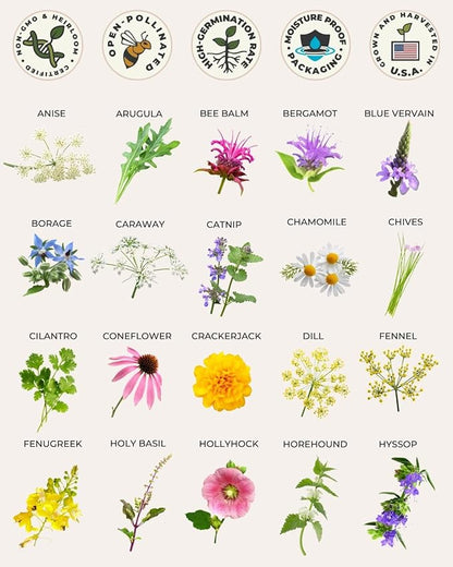 Tactiko Survival 40 Medicinal and Tea Herb Seeds Variety Pack, Indoor and Outdoor Herb Garden Kit, USA Grown Heirloom Non-GMO, Herbal Apothecary for Teas, Resealable Mylar for Long-Term Storage