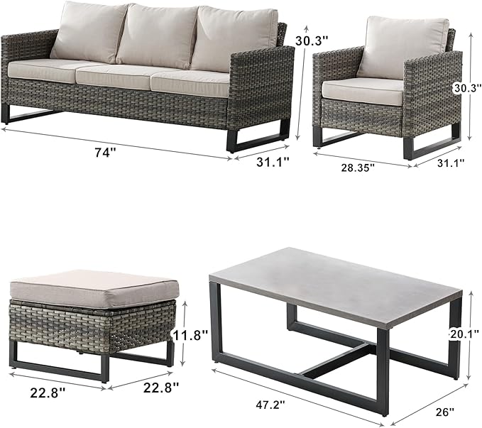 Rilyson Wicker Outdoor Patio Furniture Set - 6 Piece Patio Conversation Set with 2 Armrest Chairs,2 Rattan Ottoman,1 Couch and 1 Metal Side Table for Outside Porch Deck Backyard(Mixed Grey/Beige)