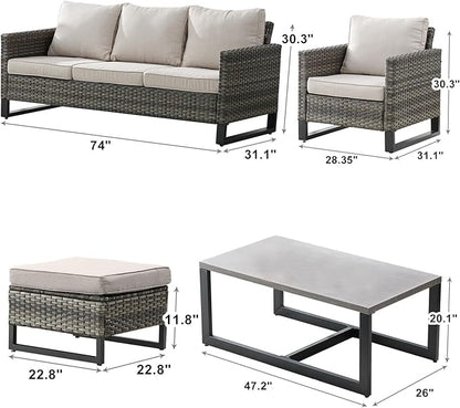 Rilyson Wicker Outdoor Patio Furniture Set - 6 Piece Patio Conversation Set with 2 Armrest Chairs,2 Rattan Ottoman,1 Couch and 1 Metal Side Table for Outside Porch Deck Backyard(Mixed Grey/Beige)