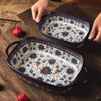 Ceramic Baking Dish with Handles, ceramic bakeware，Hand-painted Polish Pottery Baking Dish Set of 2,Baking Pan Lasagna Pan, Rectangular, Floral Pattern,baking tray Oven Safe 13.22x7.5x2.8 In (blue)